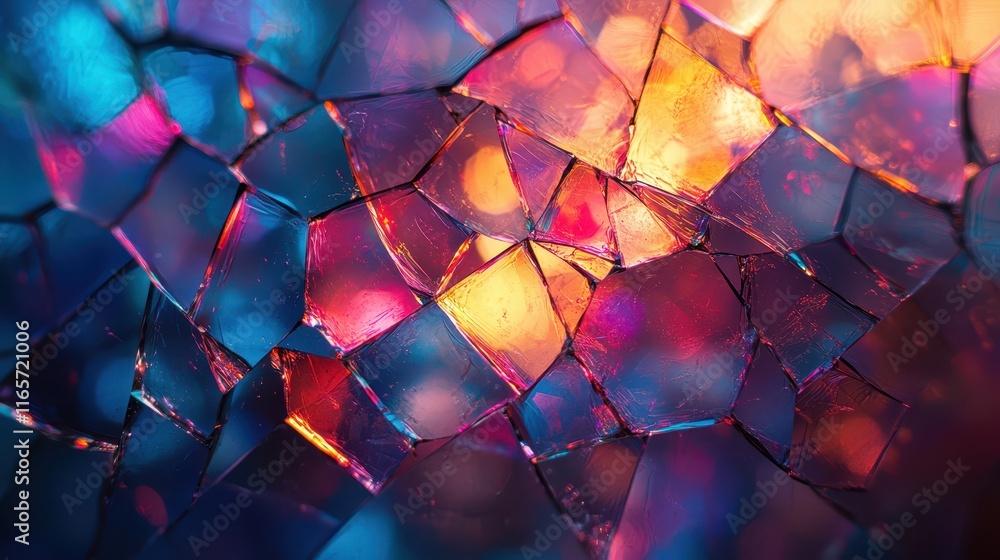 Poster shattered glass reflects a vibrant spectrum of colors creating an abstract visual display during sun