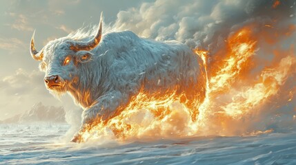 Obraz premium Fierce bull charging through flames across a snowy landscape in a dramatic display of power and energy