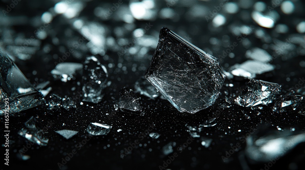 Aufkleber shattered glass fragments create sharp angles on a dark surface