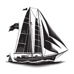 Sailing Silhouette Vector Illustration, Solid White Background.