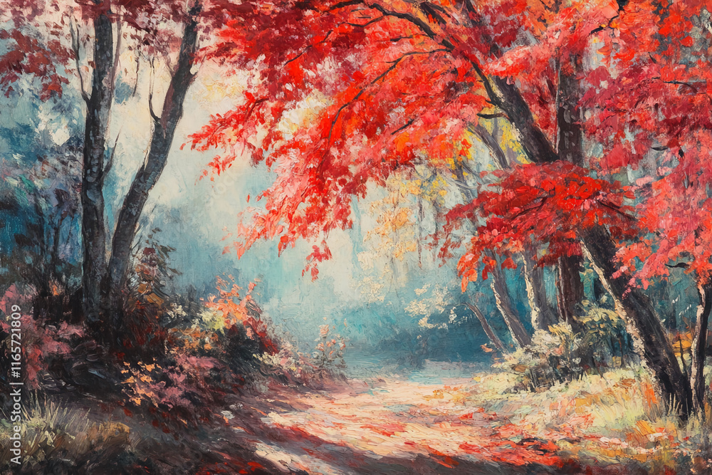 Poster vibrant autumn landscape painting with red trees and a serene forest path. autumn background