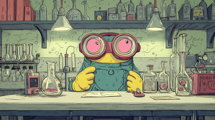 A whimsical cartoon featuring anthropomorphic lab gloves and goggles going on an adventure in a laboratory setting.