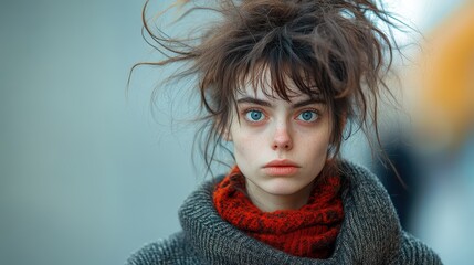 Disheveled woman with striking blue eyes and wild hair stands in a bustling urban setting during the late afternoon