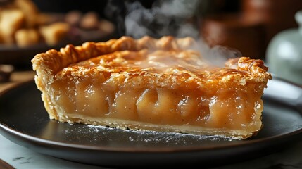 A slice of apple pie with steam coming out of it