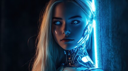 Blonde cyborg woman with glowing eyes stands against a futuristic backdrop in a dramatic lighting setting