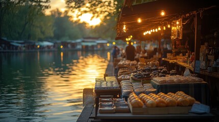 Tranquil lakeside thrift market scene with eclectic tables and serene vibes