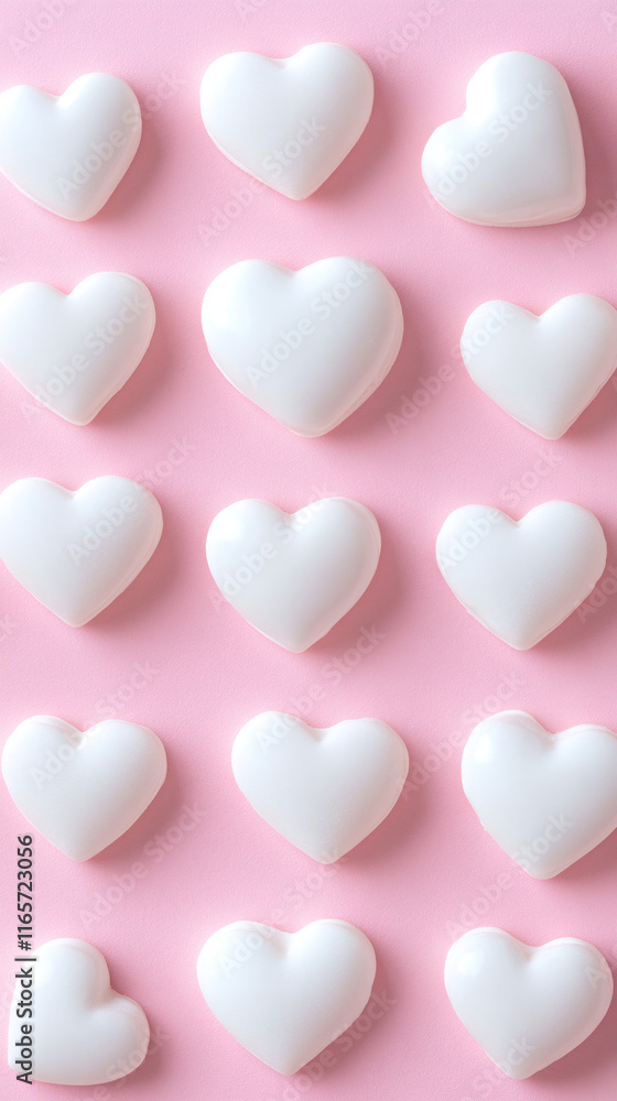 Poster pattern of white heart shaped candies on pink background creating a romantic atmosphere for valentin