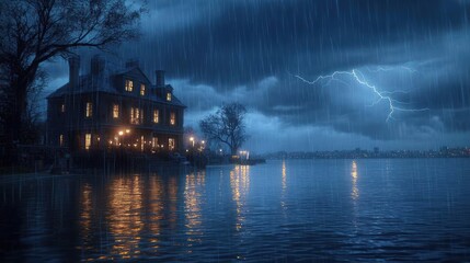Stormy night over flooded house by the lake.