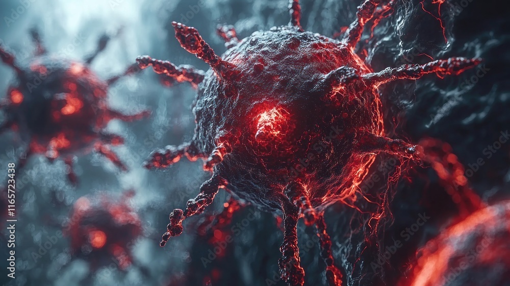 Poster microscopic rendering of a virus: a close-up view of viral structure and pathogenicity
