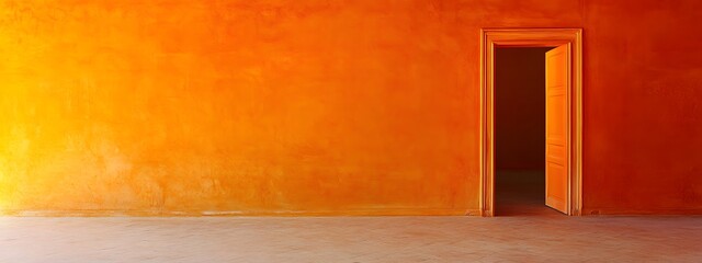 An orange wall with an open door, the door is in front of it, orange floor, orange walls, minimalist style