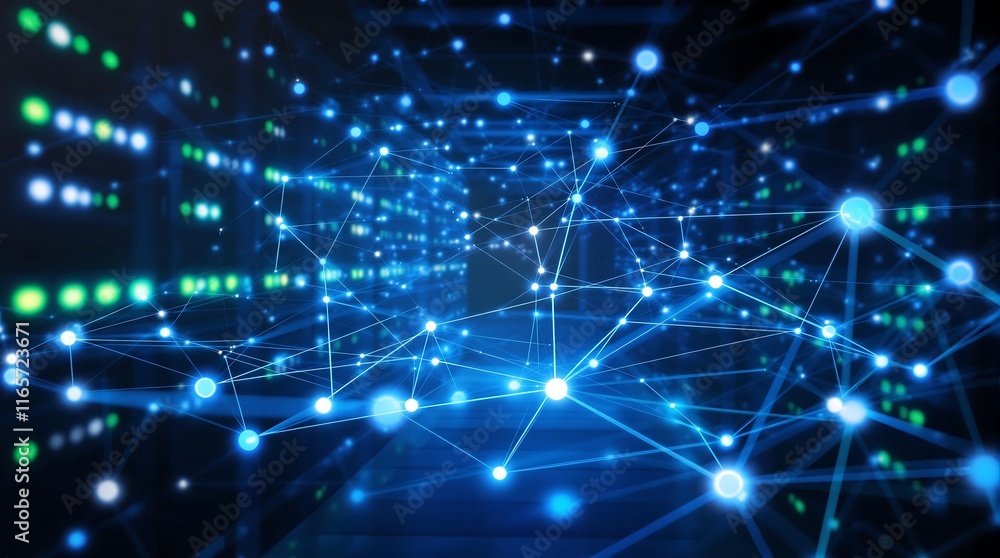 Poster abstract technology background of data center with interconnected servers, blue and green glowing ne