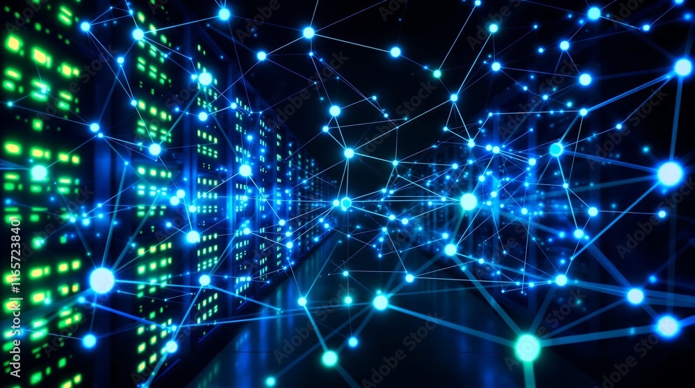 Poster abstract technology background of data center with interconnected servers, blue and green glowing ne