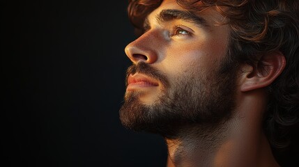 Obraz premium Man gazing upwards in soft light, showcasing dynamic shadows and textures