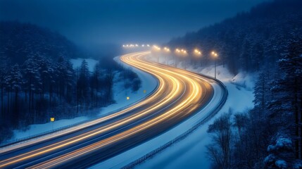 A snowy road with a long, curvy stretch of highway