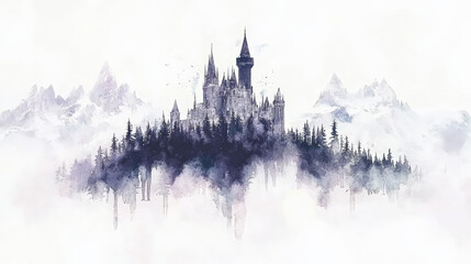 Fototapeta premium Majestic castle surrounded by snowy peaks and misty forests in watercolor