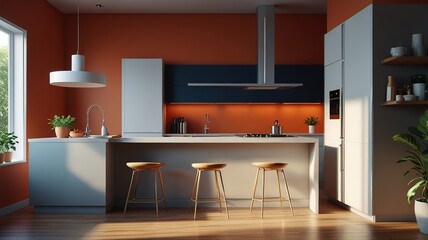 Modern kitchen room interior design with dinning furniture on the wooden floor, decor on the large wall and white landscape in window. Home nordic interior. 3D illustration model