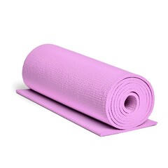 Pink yoga mat is rolled up on a white background