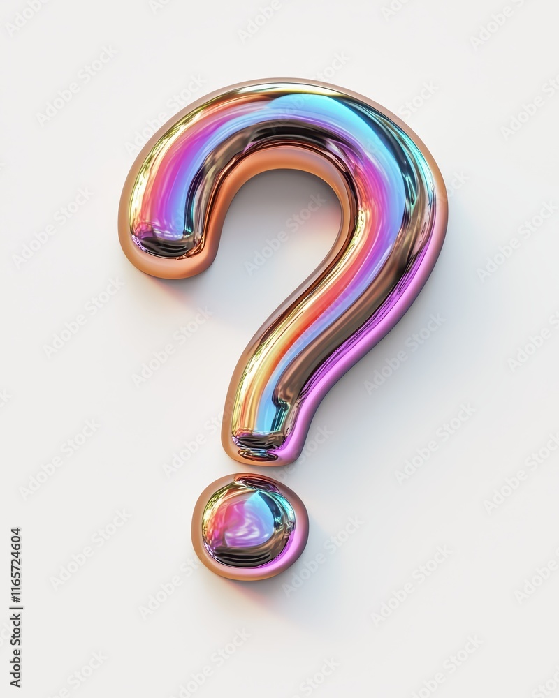 Poster multi-colored holographic question mark reflecting light and color in a modern design