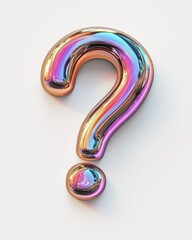 Multi-colored holographic question mark reflecting light and color in a modern design
