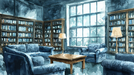 Cozy library interior with blue furniture and large windows, inviting atmosphere