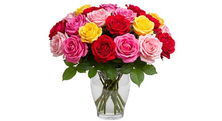 A vibrant bouquet of roses in a glass vase, studio lighting on a white background, emphasizing bright pink, red, and yellow hues.