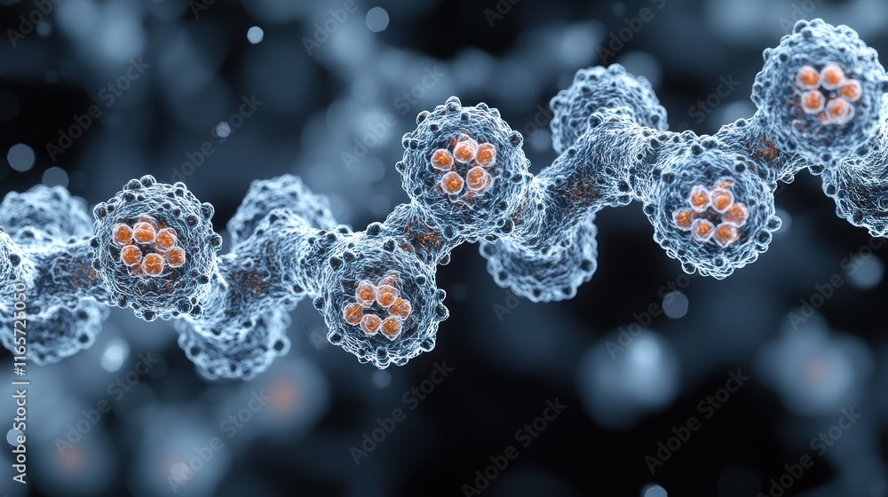 Poster microscopic view of a dna strand, showing the intricate detail of the double helix structure and the