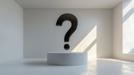 Sleek black question mark with chrome finish positioned on a circular platform in a minimalist white room
