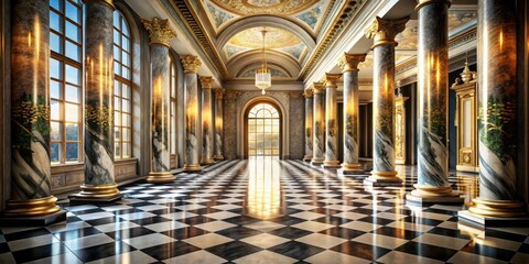 Obraz premium Grand Hall with Checkered Floor and Gilded Columns