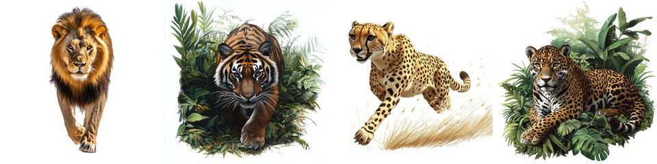 Fototapeta premium set of A majestic tiger roaming through a green forest floor, a tiger, green forest, tiger walking on the green forest floor, tiger amidst green plants, tiger, on a transparent backgrounds