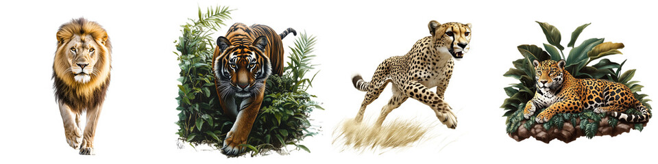 set of A majestic tiger roaming through a green forest floor, a tiger, green forest, tiger walking on the green forest floor, tiger amidst green plants, tiger, on a transparent backgrounds