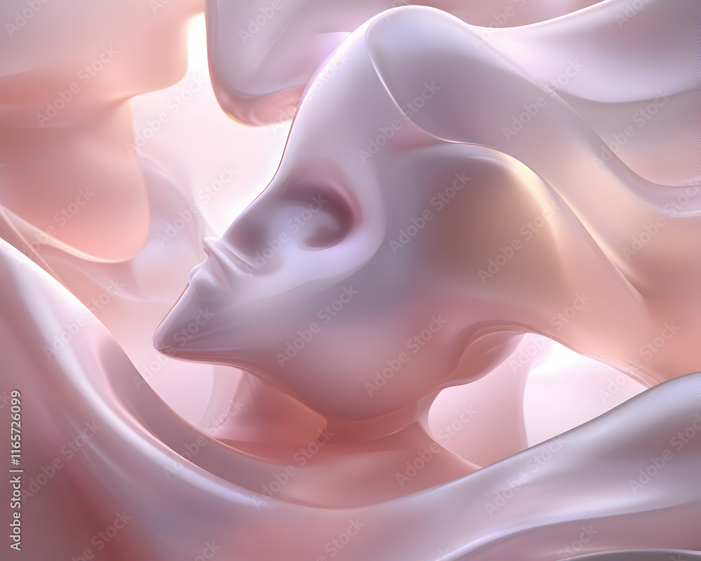 Poster abstract 3d render of flowing, translucent forms resembling faces, creating a surreal and ethereal m