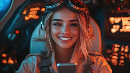 Beautiful woman pilot in cockpit smiling at camera with glowing controls and headset during twilight