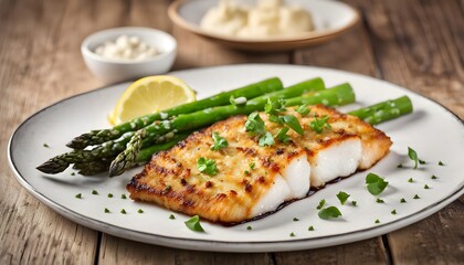 Fish dish - fried cod fillet with asparagus on wooden table
