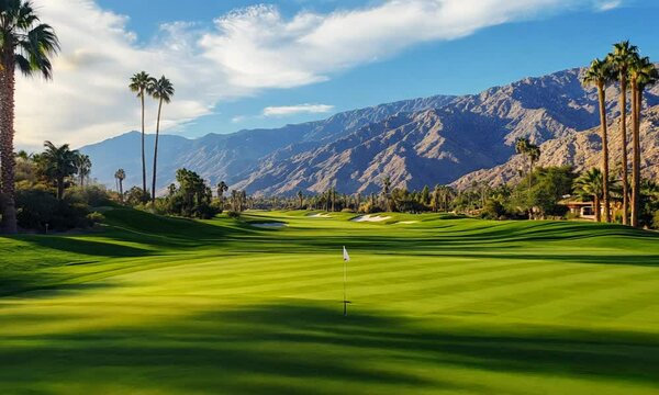 Green golf field with palm trees