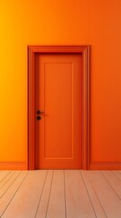 An orange wall with an open door, the door is in front of it, orange floor, orange walls, minimalist style