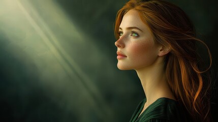 Woman with green eyes and auburn hair gazes thoughtfully in soft light amidst a dark background