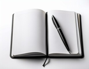 An open spiral notebook with a black pen, isolated on white.	