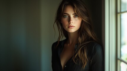 Woman with green eyes and long brown hair stands near window on sunny day in cozy room with soft lighting