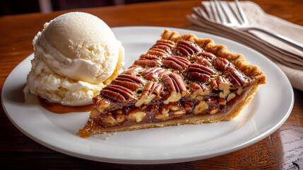 Classic Slice of Texas Pecan Pie with Ice Cream Dessert