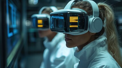 Scientists conducting experiment with virtual reality visualization