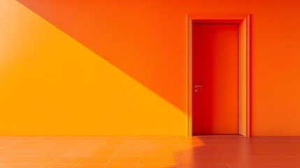 An orange wall with an open door, the door is in front of it, orange floor, orange walls, minimalist style
