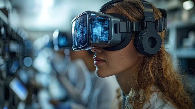 Scientists conducting experiment with virtual reality visualization - Powered by Adobe