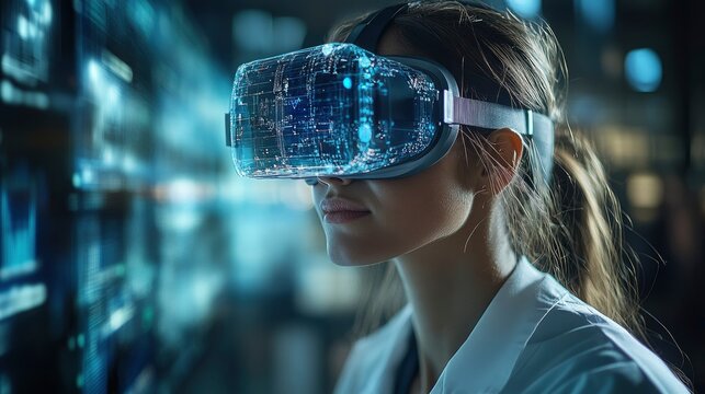 Scientists conducting experiment with virtual reality visualization