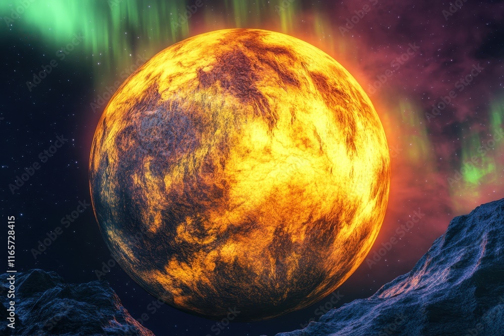 Poster exploration of a fiery planet illuminated by auroras in a cosmic setting