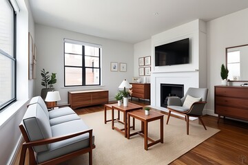 A beautiful modern living room background with a sofa, a coffee table and a lamp