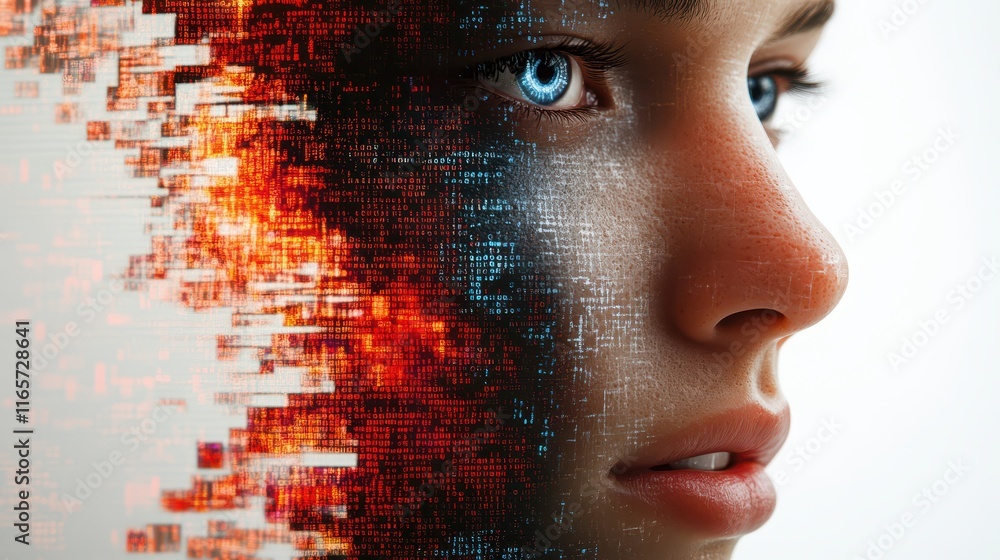 Poster concept of human emotion and technology integration in a split image showcasing a digital transforma