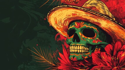 Colorful Mexican skull adorned with a sombrero and flowers for Cinco de Mayo celebration