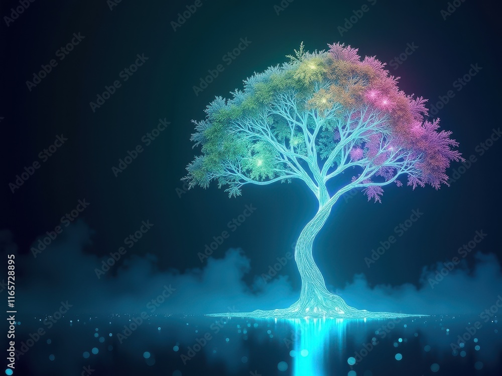 Aufkleber illuminated tree with colorful lights and digital glow in a dark atmospheric setting enhances the en