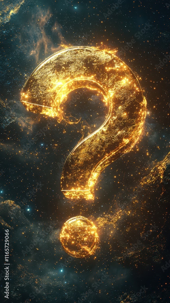 Poster floating golden question mark with a mirrored surface against a cosmic backdrop