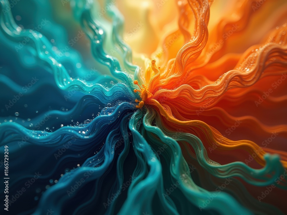 Poster swirling colors create a vibrant abstract formation of fluid shapes resembling ocean waves and flame
